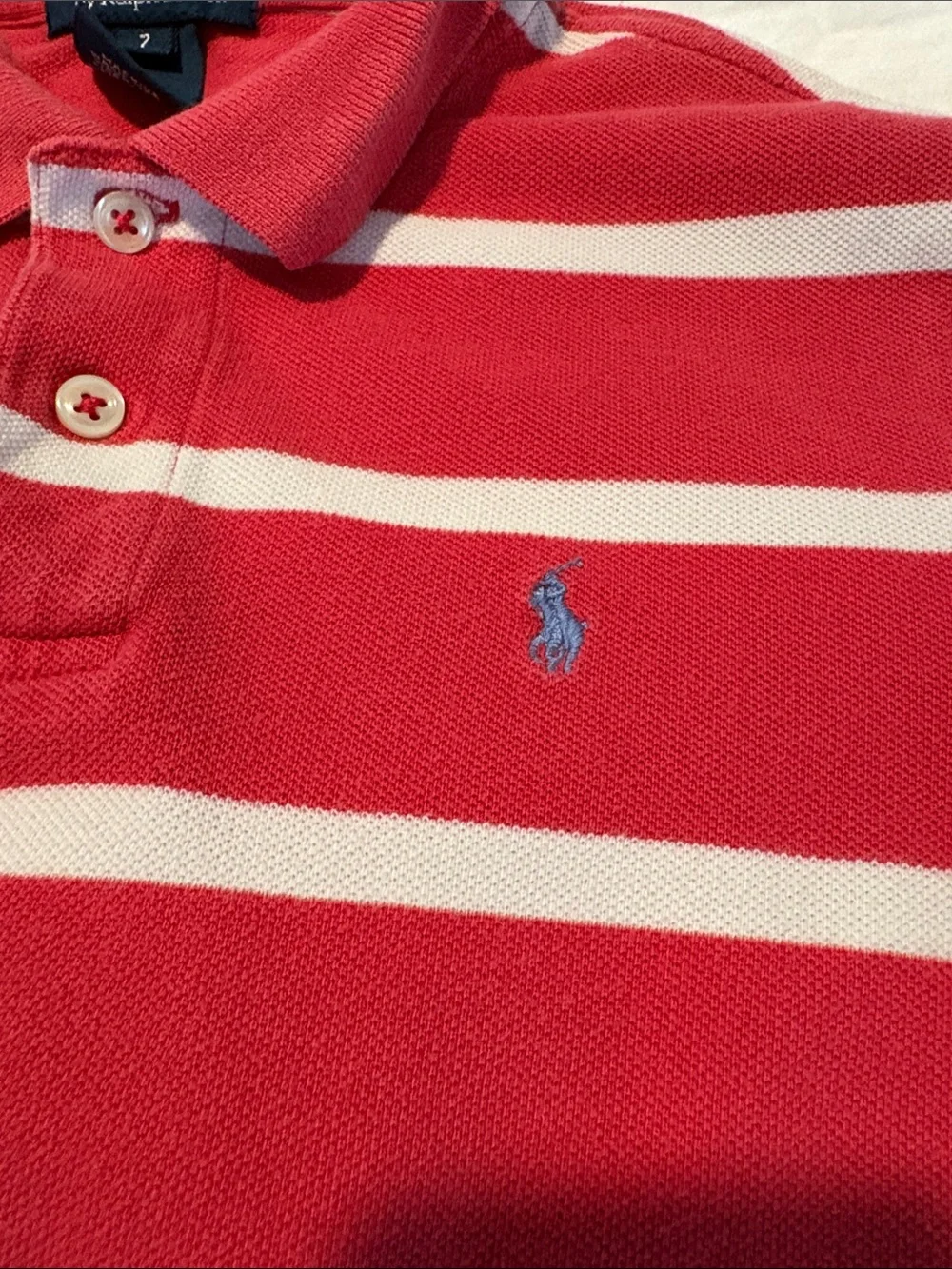 Ralph Lauren Boys’ Coral Red and White Striped Polo Shirt w Blue Horse Size 7